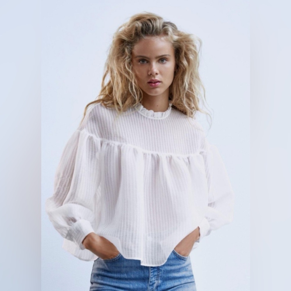 ZARA NWT ORGANZA BALLOON SLEEVES Blouse White See through